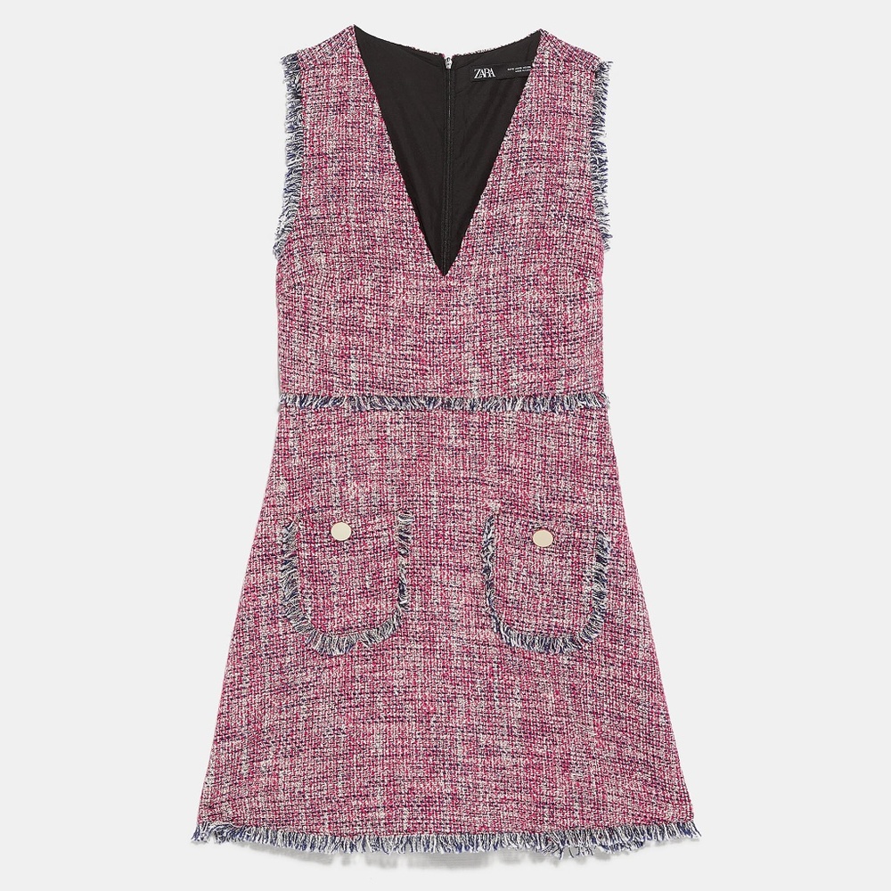 Zara Tweed Dress Red V Neck - Picture 7 of 7